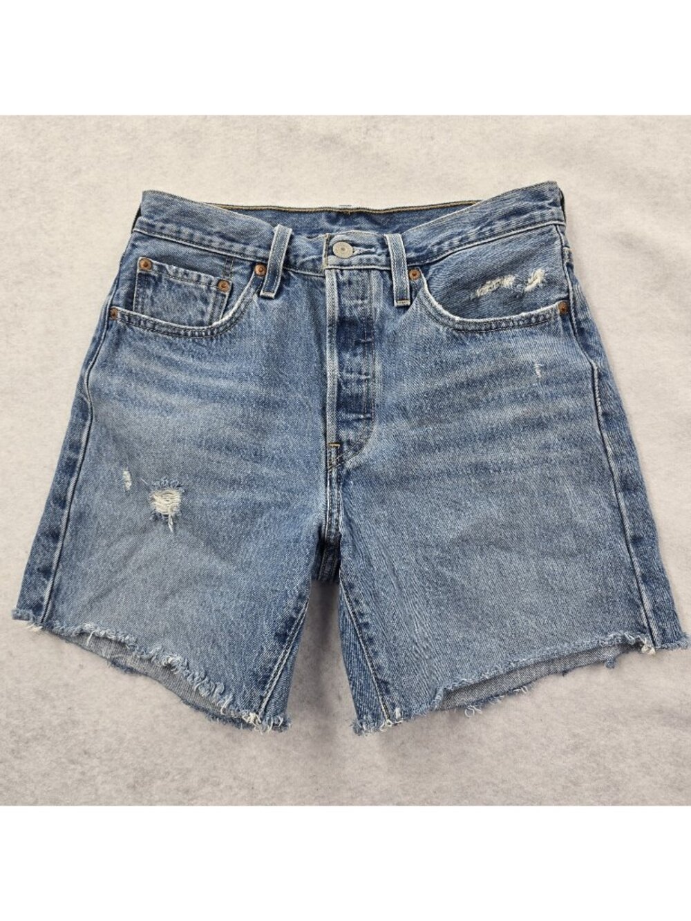 Levi's 501 Button Fly Jean Shorts Size 27 Raw Hem Distressed Blue Denim